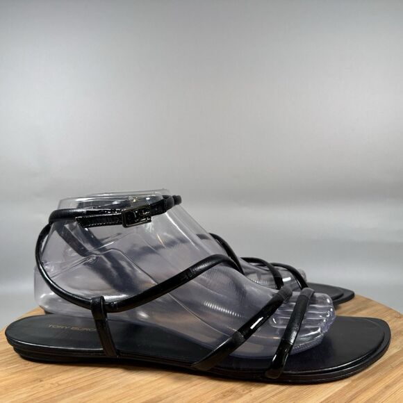 Tory Burch Split Mignon Strappy Flat Sandal Size 10 Black Leather - Picture 1 of 7